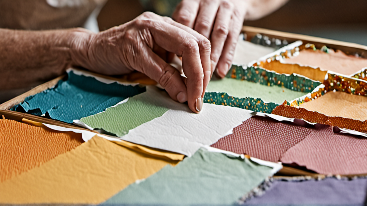 Des mains comparent des palettes de couleurs et des textures de papier en atelier.
