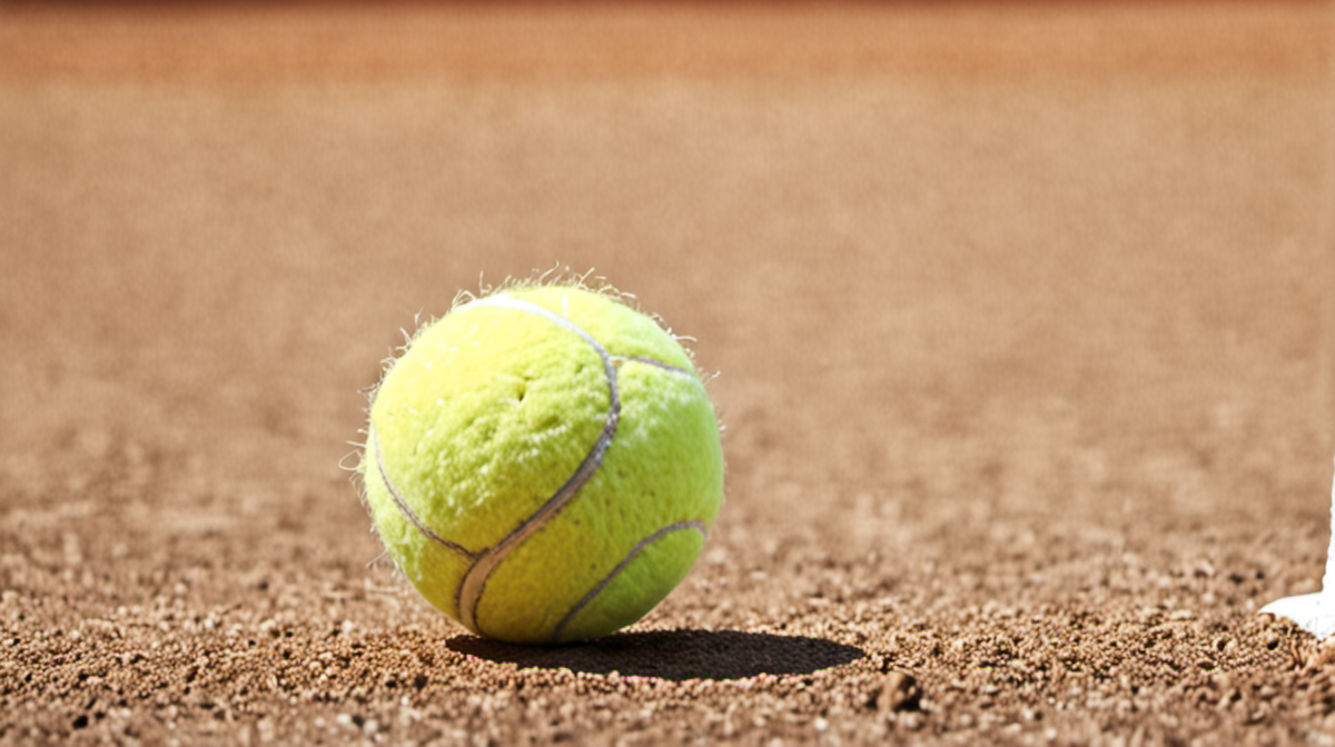 Balle de tennis frappée en retour au ras du court en dur