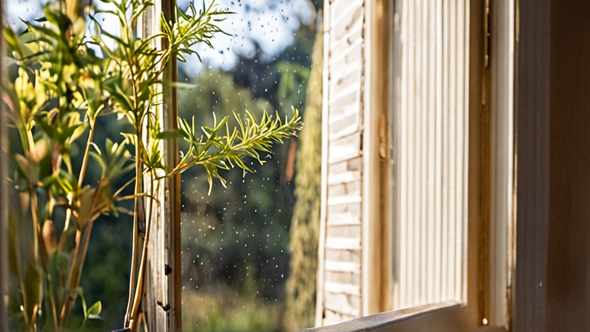 Un carnet de planification et des sachets de graines près d’une fenêtre.