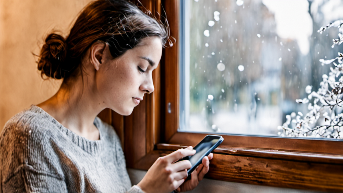 Main utilisant un smartphone pour gérer des abonnements email, intérieur près d'une fenêtre.