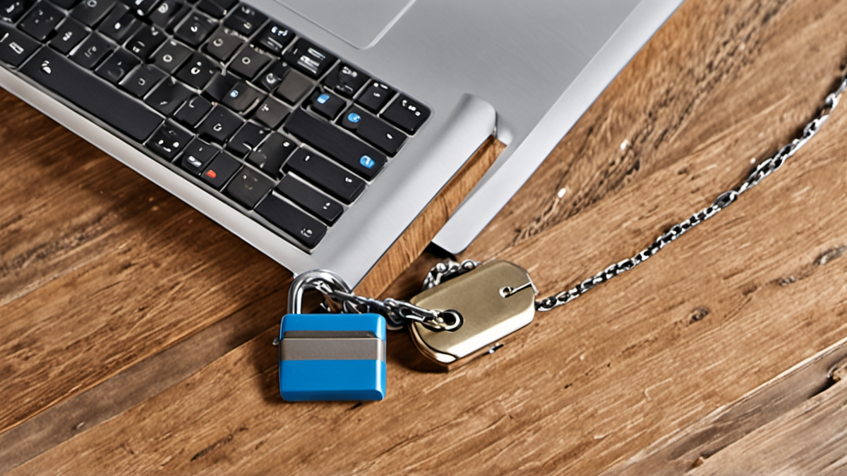 Cadenas et clé posés près d'un ordinateur portable sur un bureau.
