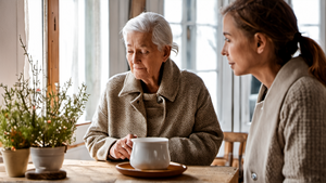 Une jeune adulte et une femme senior discutent dans une cuisine, moment de cohabitation intergénérationnelle.