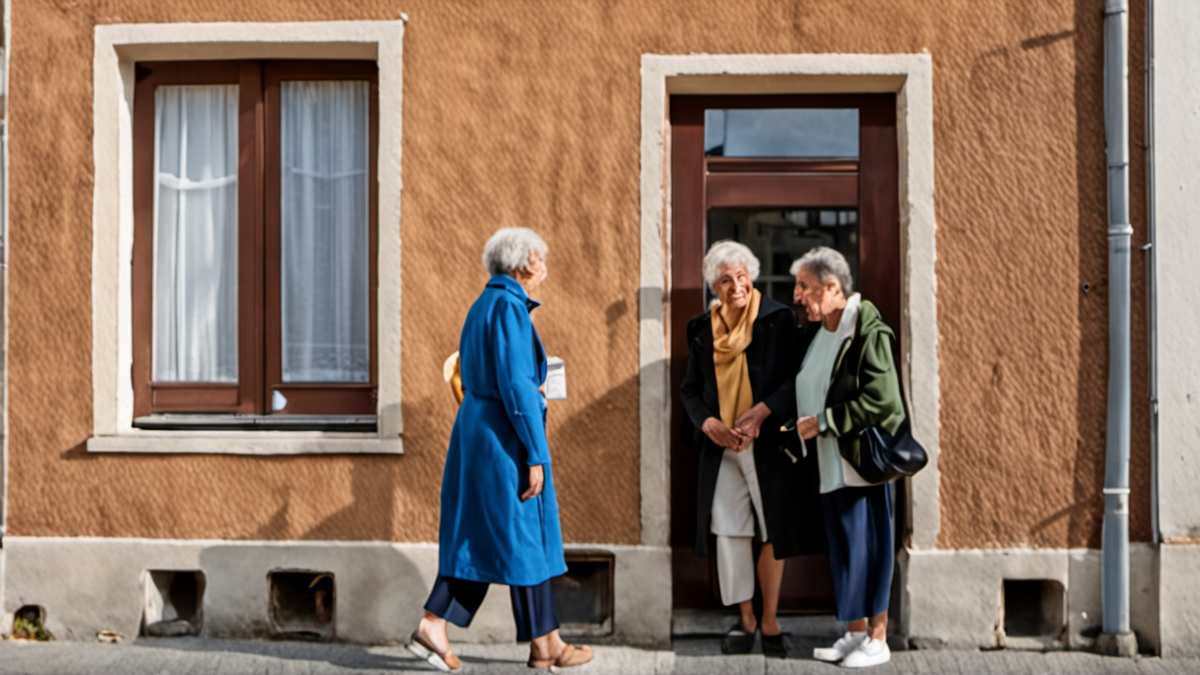 Une jeune adulte et une personne âgée se saluent dans l’entrée d’un immeuble.