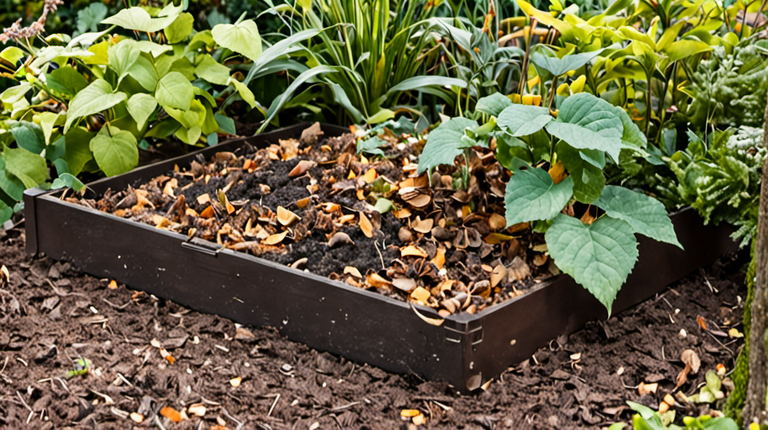 Composteur en hiver avec mélange de matières brunes et vertes visible.