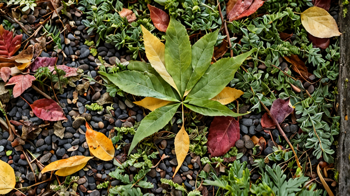Composteur fermé et propre en extérieur avec feuilles mortes au sol.
