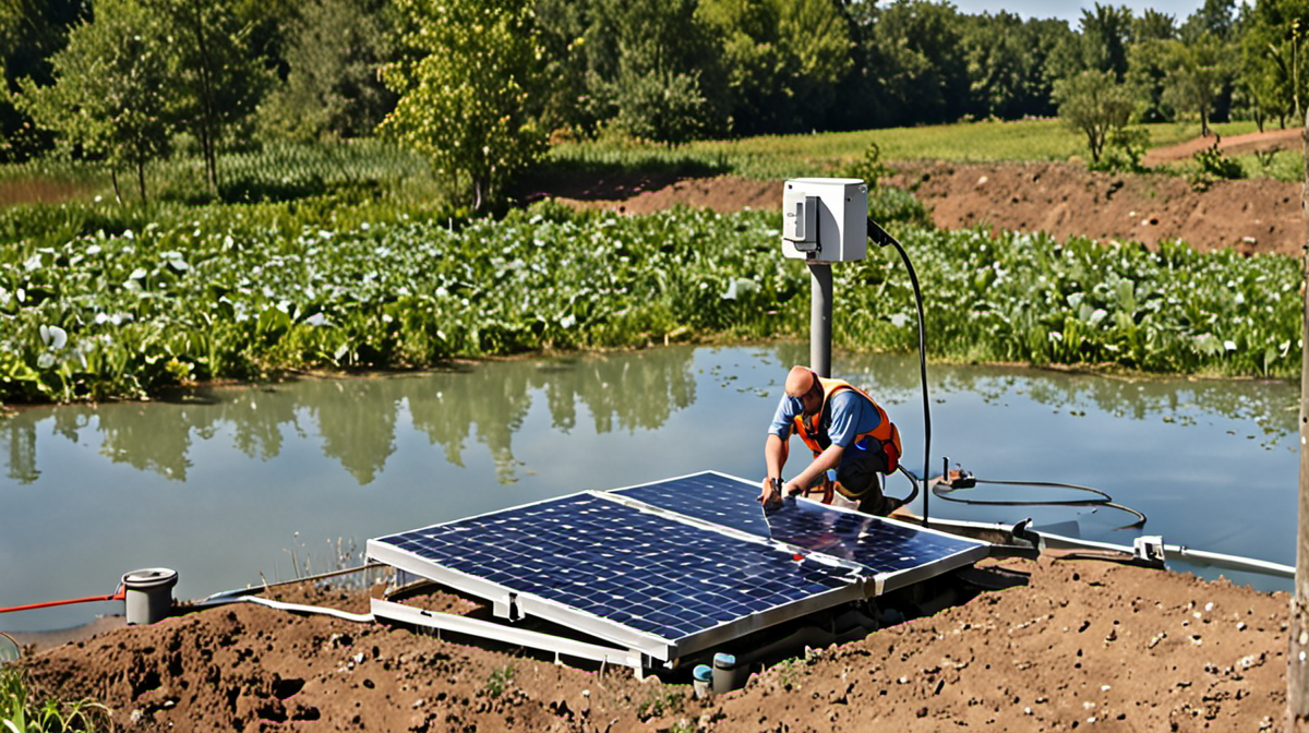 Installation d’un capteur météo et contrôle d’une pompe solaire près d’un réservoir.