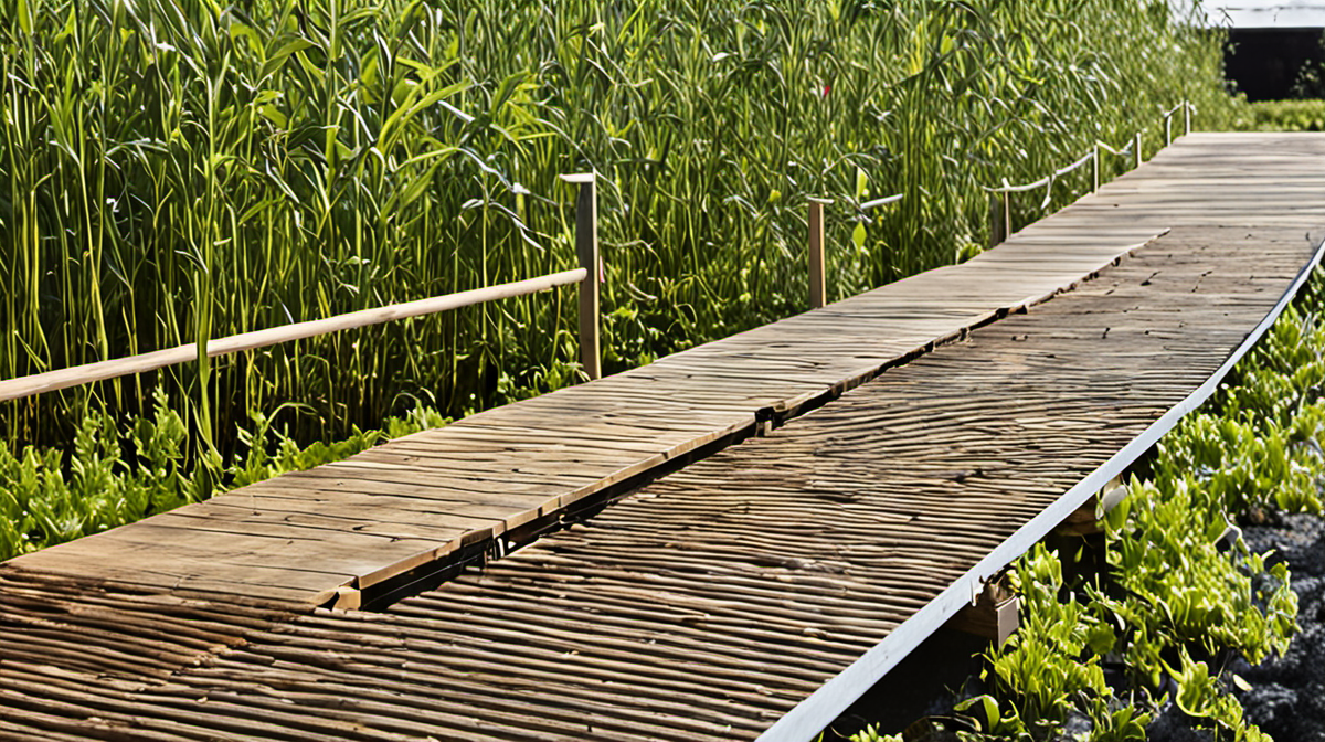 Zone humide restaurée avec passerelle en bois et végétation dense.