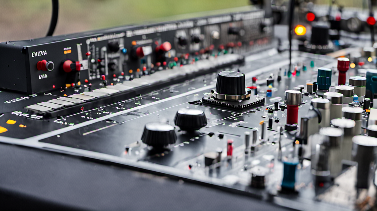 Mains réglant une console de mixage avec scène floue en arrière-plan