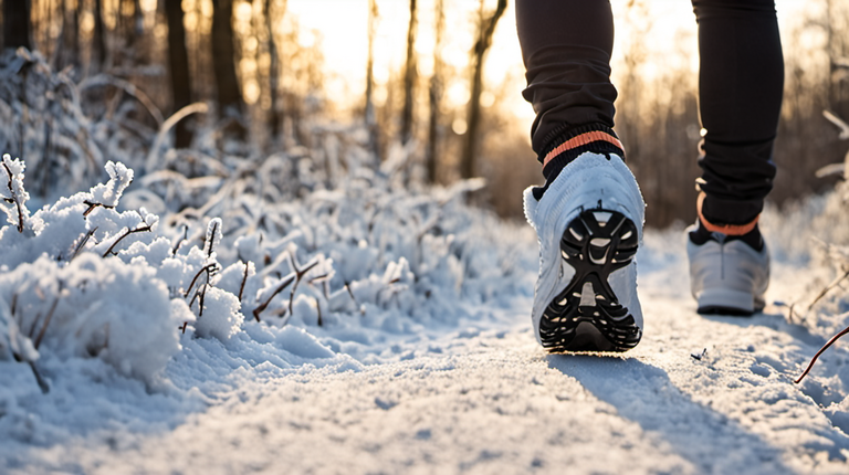 Coureur en hiver avec bonnet et gants sur un chemin de parc au matin