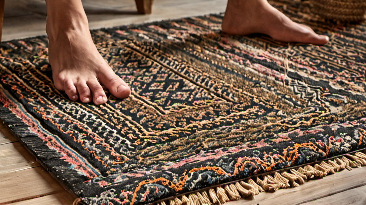 Personne faisant des fentes sur un tapis avec haltères à la maison