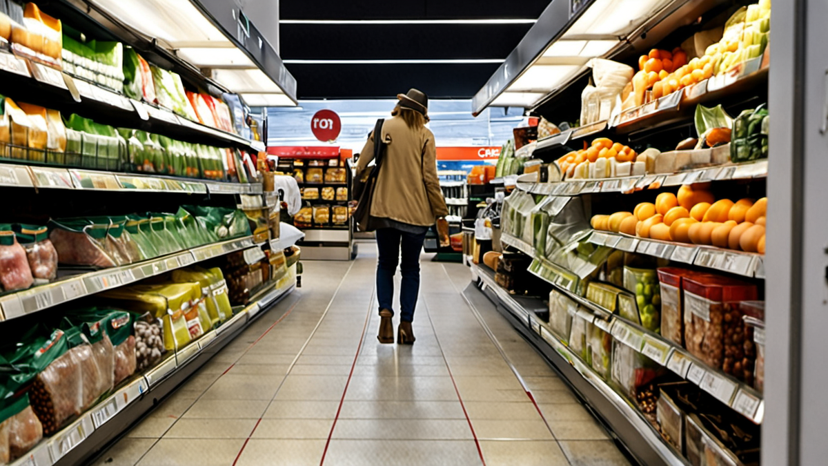 Personne comparant deux produits en rayon dans un supermarché.