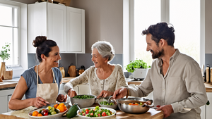 Plusieurs générations cuisinent ensemble un plat de fête dans une cuisine familiale.
