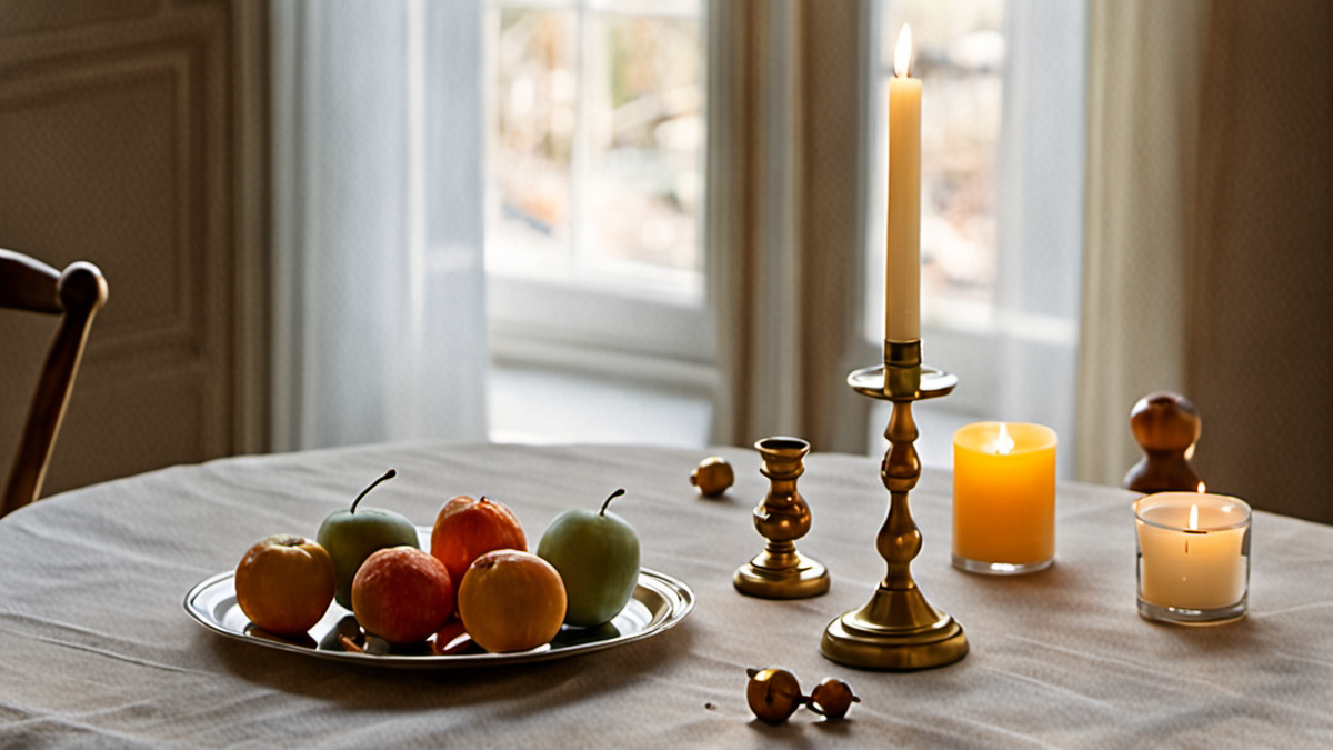 Une table de fête avec bougies et objets symboliques, préparation du Nouvel An.