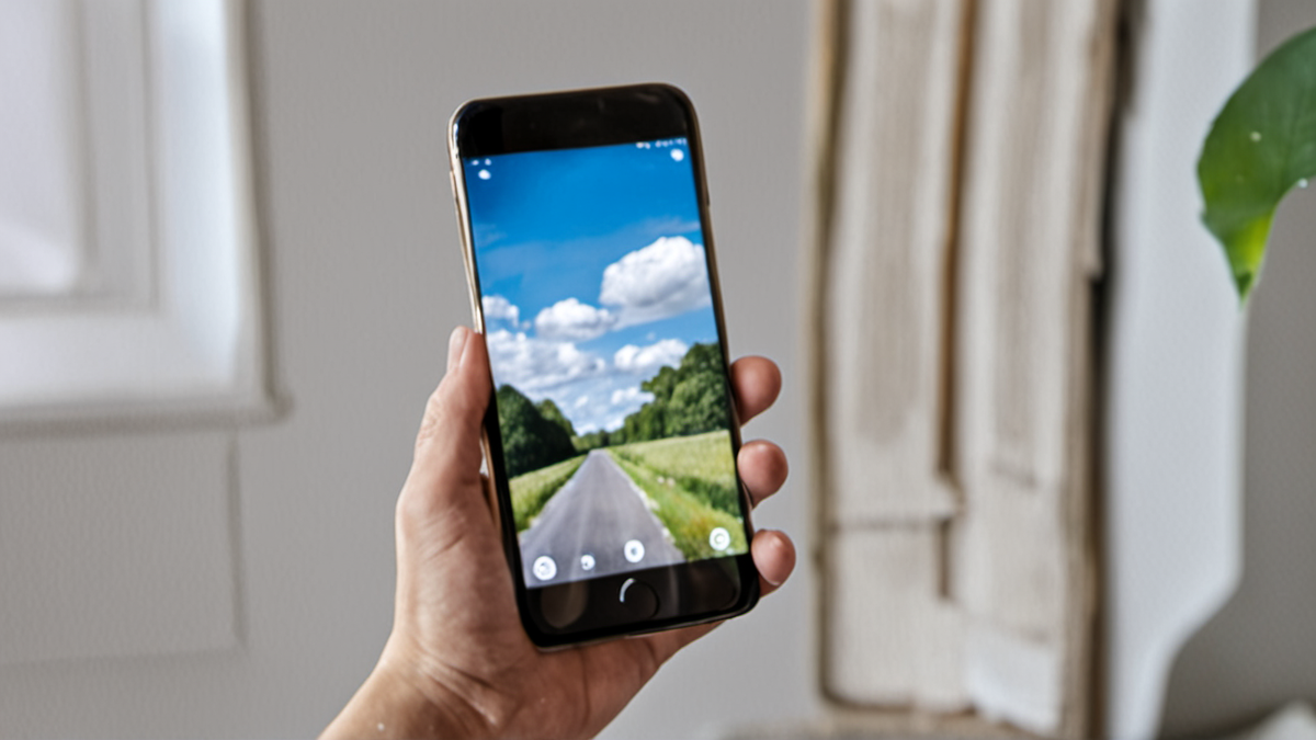 Une main tient un smartphone lors d’un appel vidéo de vœux, salon familial en arrière-plan.