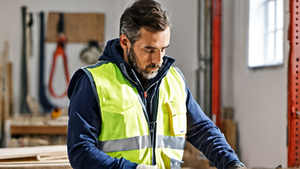 Une personne enfile une tenue de travail dans un atelier, préparant sa journée.