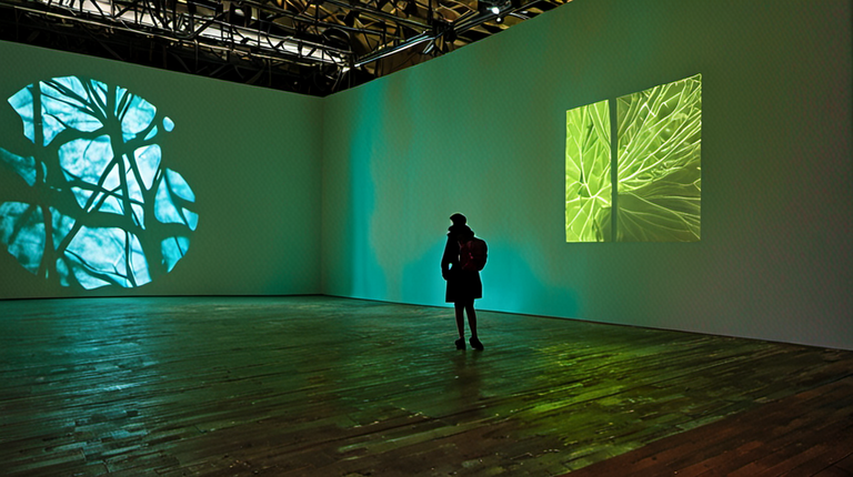 Visiteurs dans une salle d’exposition avec projections immersives sur murs et sol