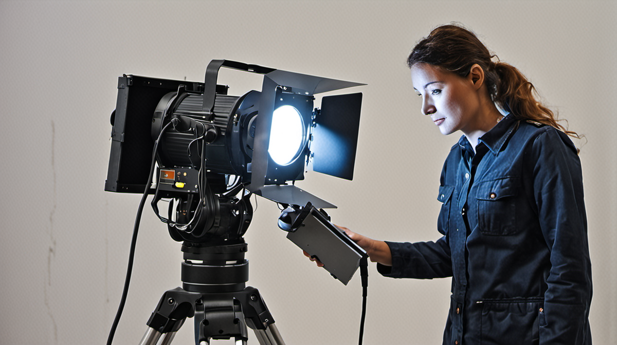 Technicienne réglant un projecteur sur trépied dans une salle d’exposition