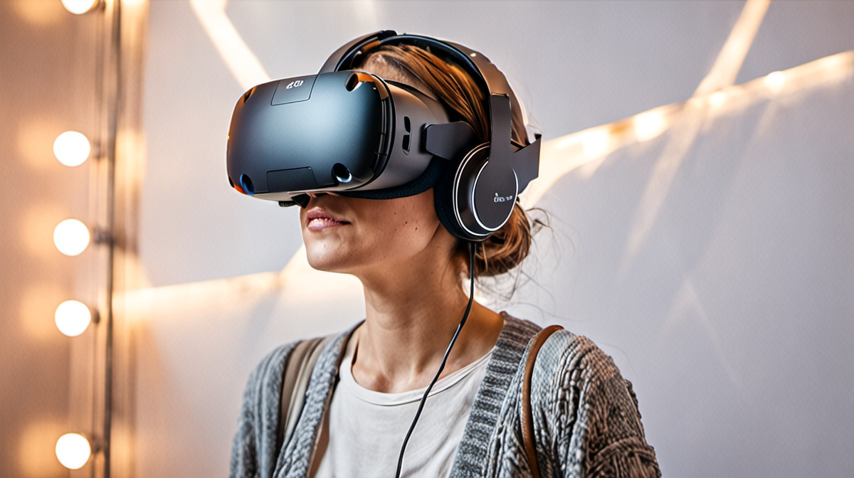 Visiteuse avec casque VR accompagnée par un médiateur dans un espace culturel