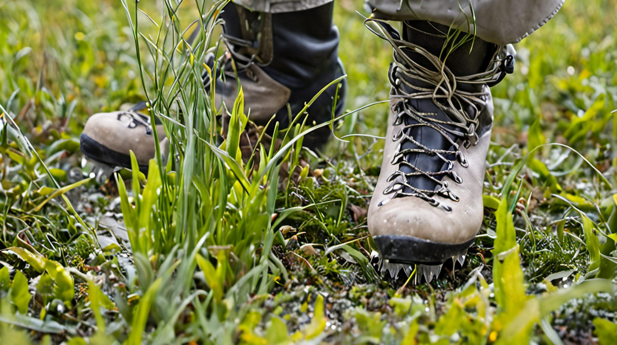 Crampons sur pelouse mouillée avec boue et gouttes d’eau