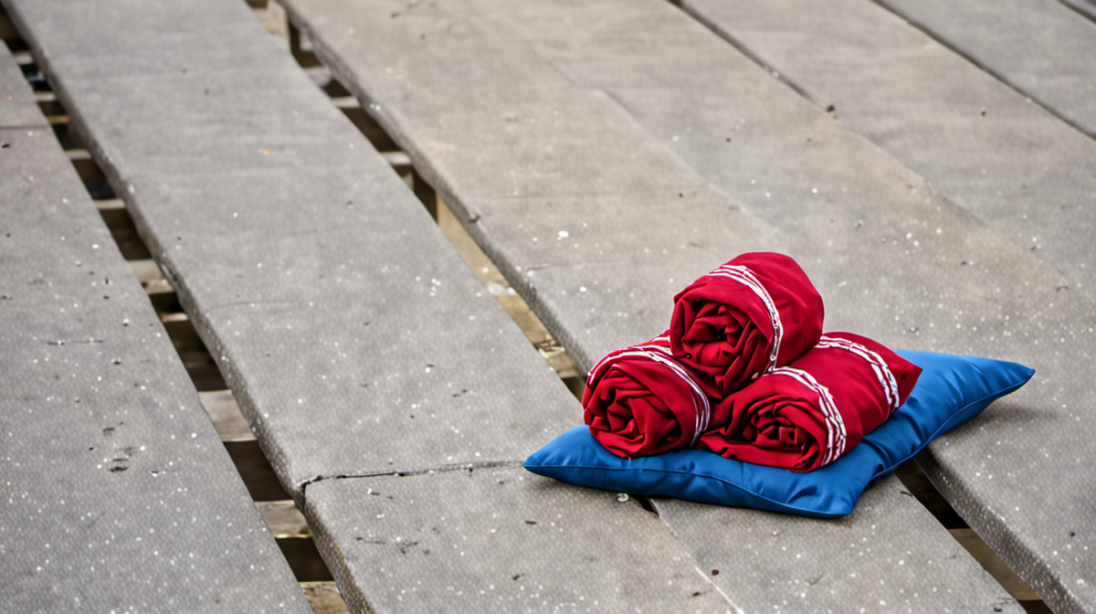 Banc de touche avec joueurs emmitouflés et gourdes par temps froid