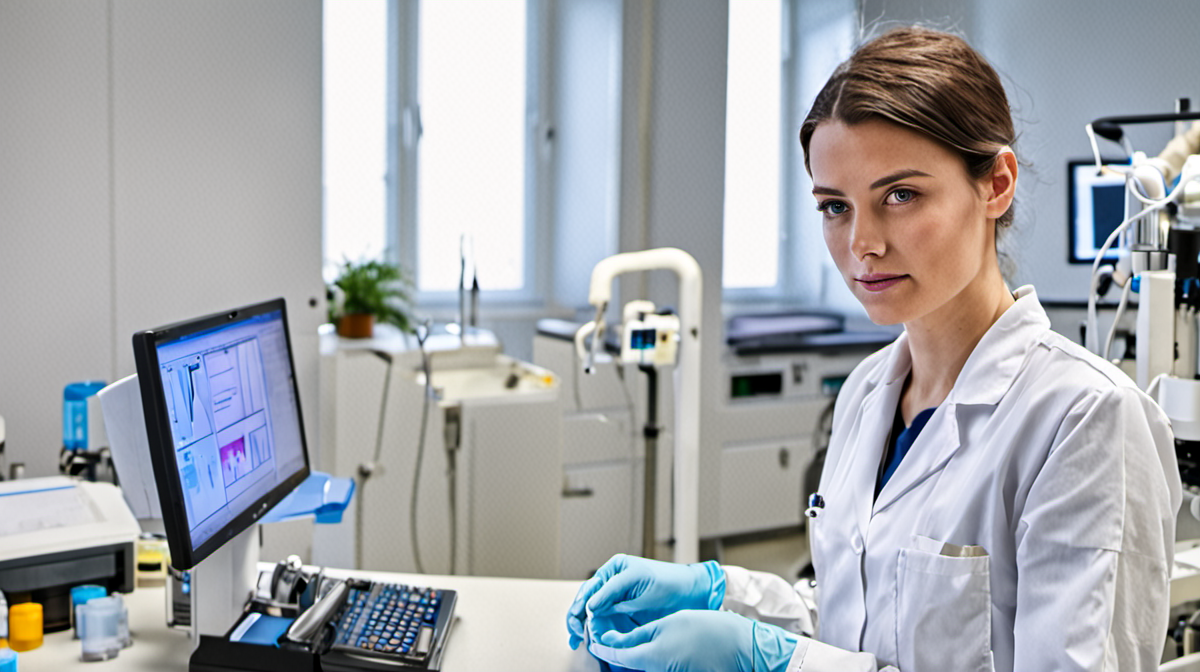 Technicienne ajustant un automate d’analyse en laboratoire, écran flou.