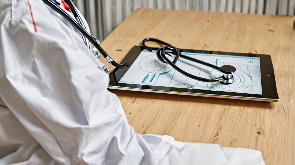 Médecin montrant une tablette à un patient en consultation, écran flou.