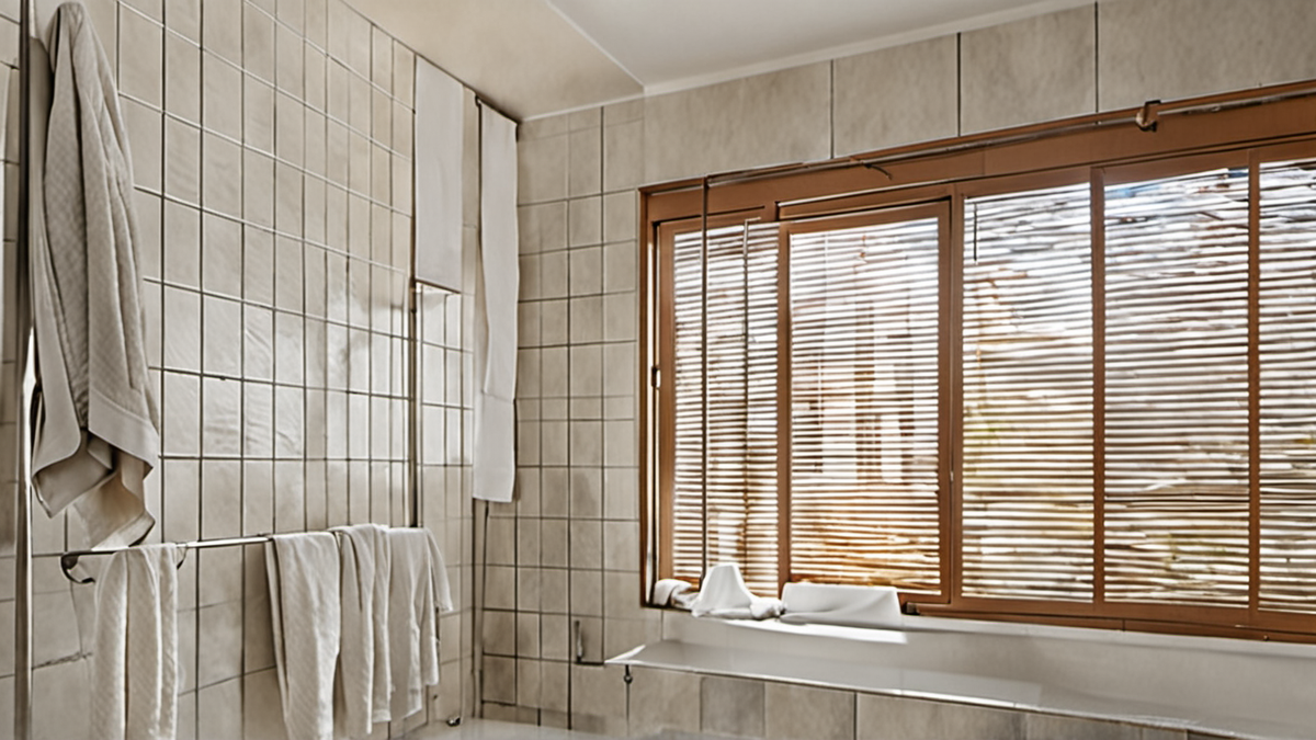 Salle de bain aérée avec serviettes suspendues et fenêtre entrouverte.