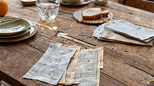 Famille comparant des tickets de caisse et un budget sur une table à la maison.