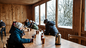 Un lieu d’accueil hivernal avec des personnes autour de tables