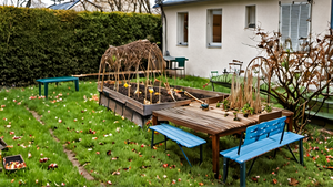 Un jardin partagé en hiver avec des habitants qui planifient la saison.