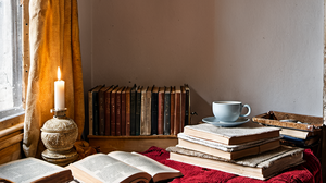 Personne lisant dans un fauteuil près d’une fenêtre avec une pile de livres