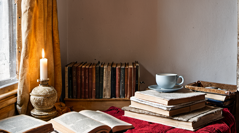 Personne lisant dans un fauteuil près d’une fenêtre avec une pile de livres