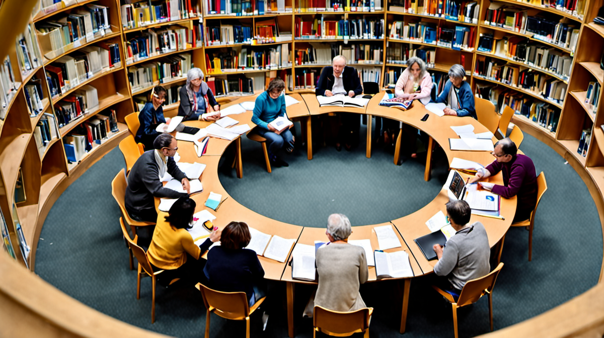 Groupe discutant autour de livres dans une bibliothèque