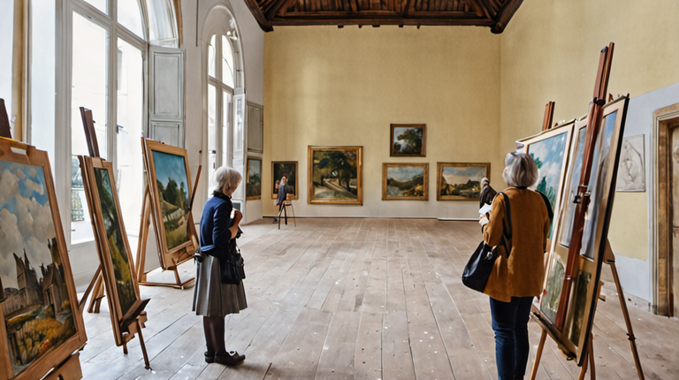 Visiteuse dans une galerie de musée observant une œuvre, carnet de croquis à la main.