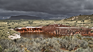 Une garde de parc observe le littoral patagonien avec des jumelles.