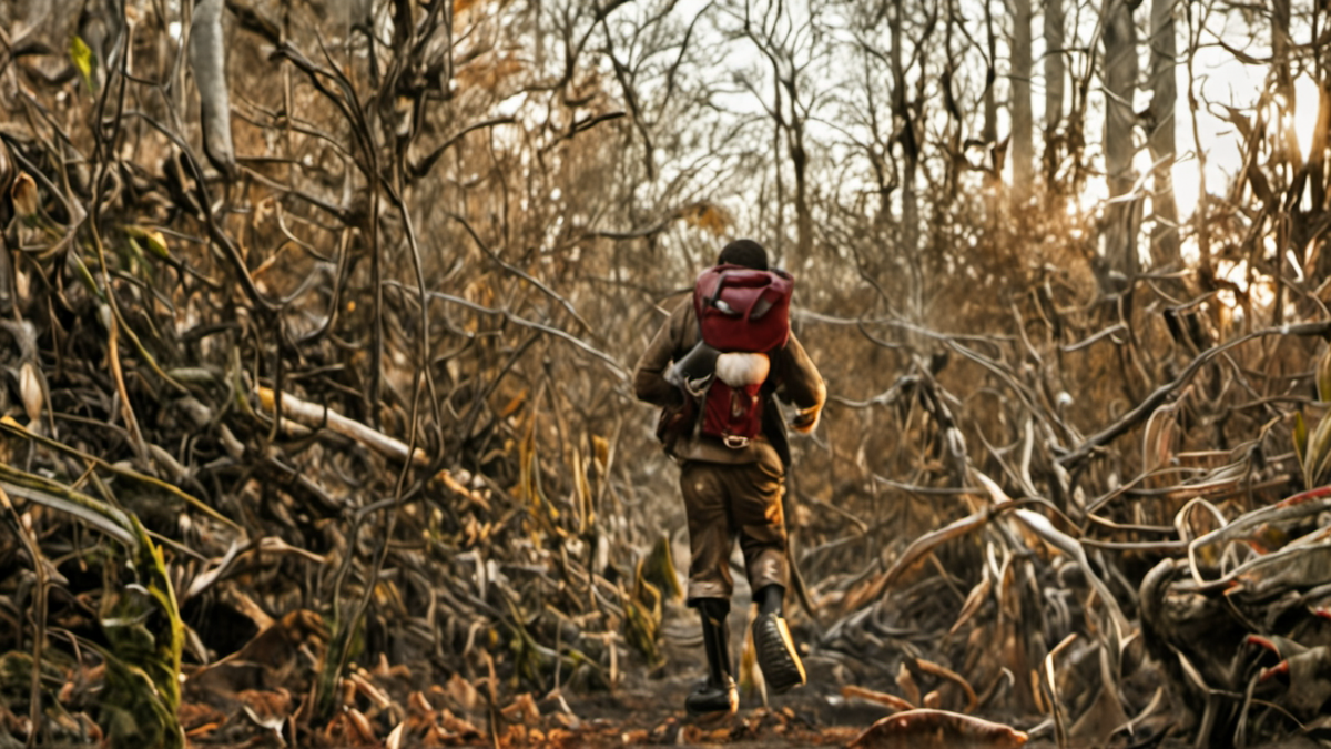 Un sentier balisé dans une forêt subantarctique avec un garde au loin.