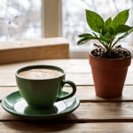 Écouteurs et carnet posés sur une table avec une tasse de café.