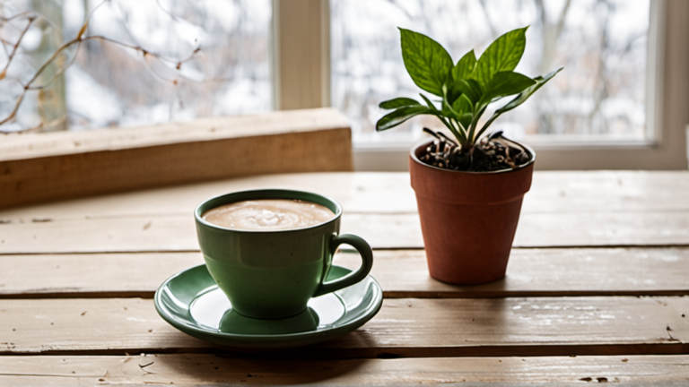 Écouteurs et carnet posés sur une table avec une tasse de café.