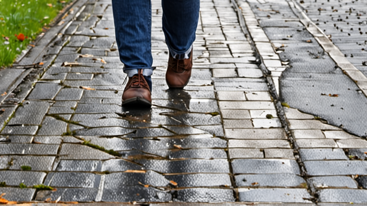 Personne marchant en ville avec écouteurs et smartphone en main.