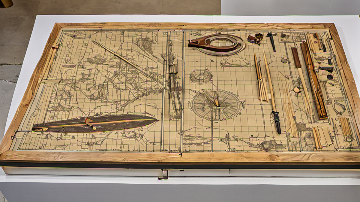 Table de préparation en réserve de musée avec plans et gants
