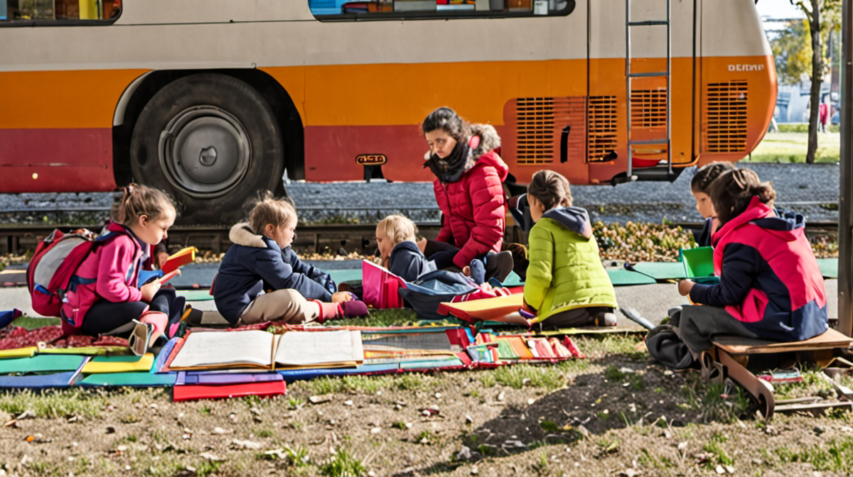 Classe temporaire sous tente avec enfants écrivant et enseignante