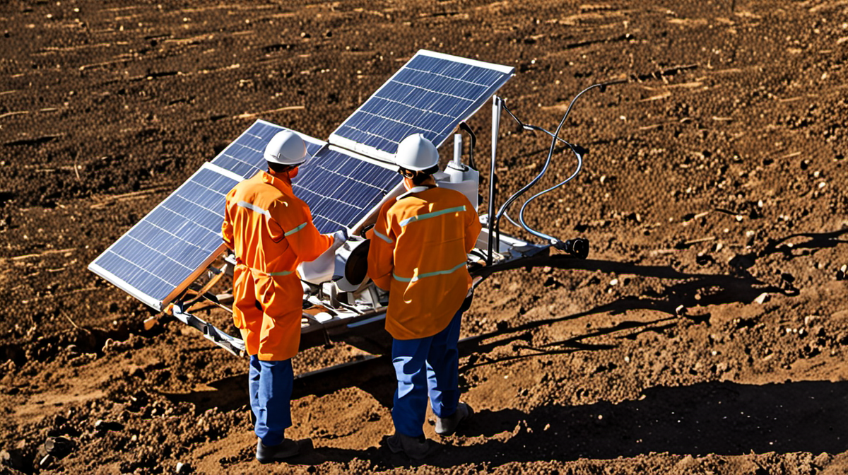Techniciens raccordant un système solaire-batterie à une clinique mobile