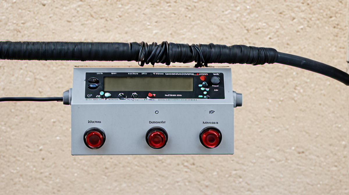 Tableau électrique domestique avec dispositif de mesure et main pointant un réglage.