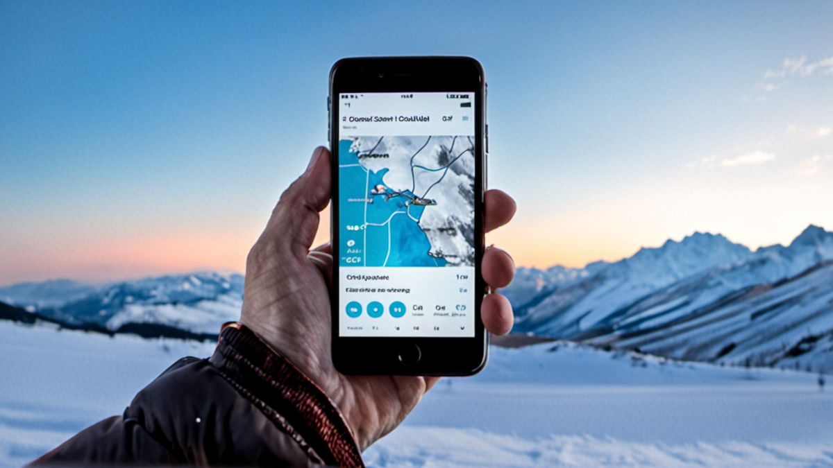 Une main consulte des informations météo sur smartphone avec la montagne en arrière-plan.