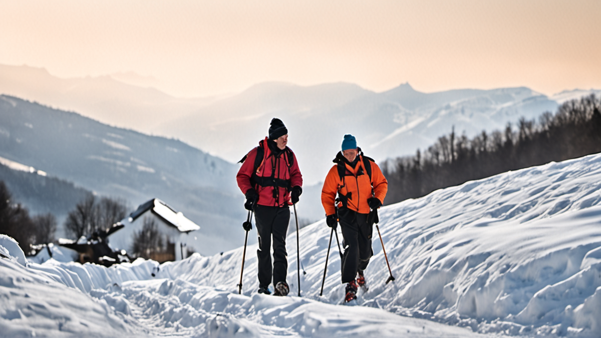 Un groupe de personnes s’arrête et échange sur un itinéraire en montagne enneigée.