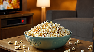 Salon le soir avec télévision floue et bol de popcorn sur une table