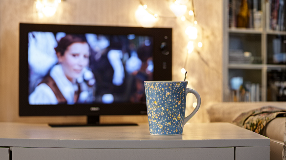 Main tenant une télécommande devant un écran de télévision flou