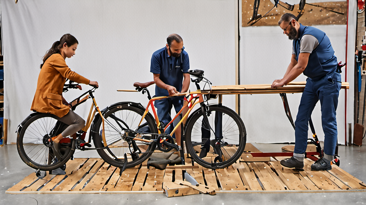 Atelier de réparation de vélo dans un tiers-lieu, outils et participants en action.