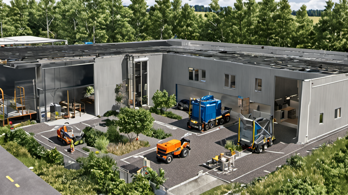 Convoyeur de centre de tri avec matériaux mélangés en décor industriel.