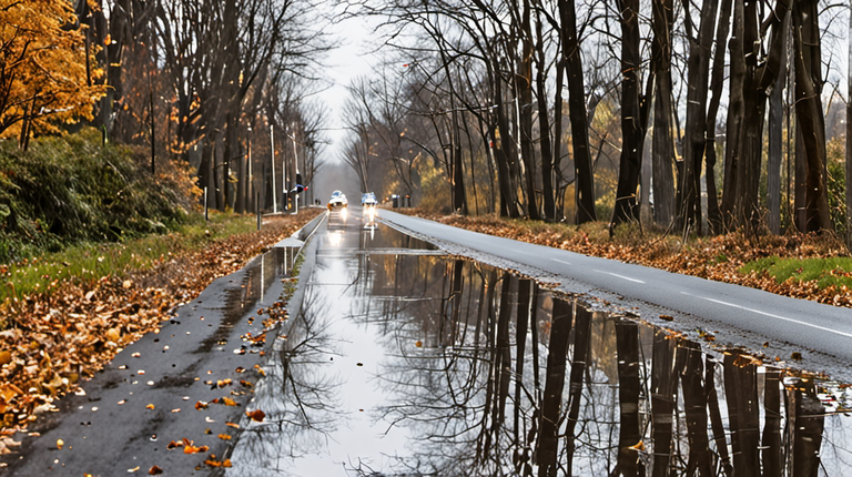 Cycliste urbain en hiver avec éclairages allumés sur route humide.